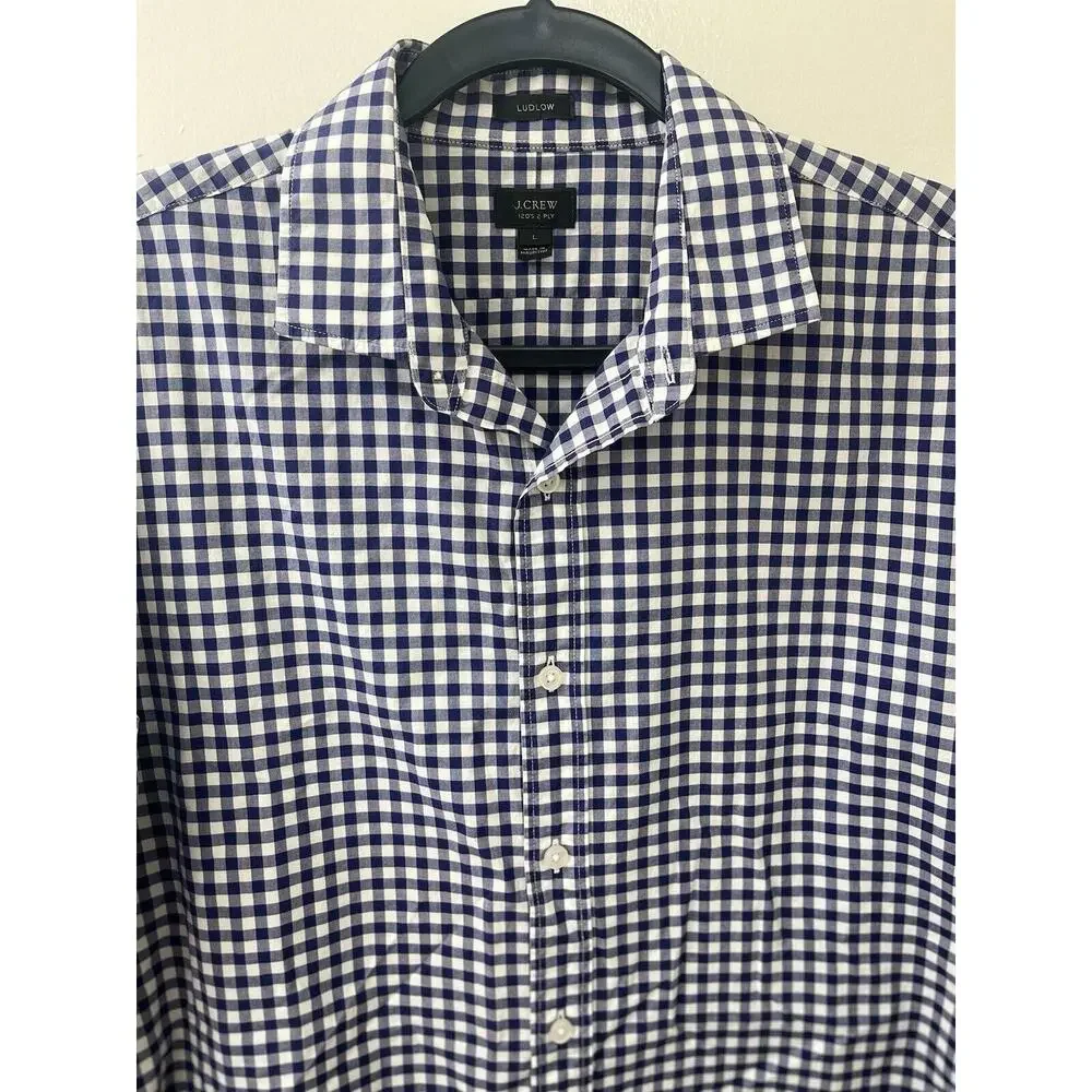 J. Crew Men's Large Ludlow‎ 120's 2 Ply Button Up LSleeve Plaid Check Blue White